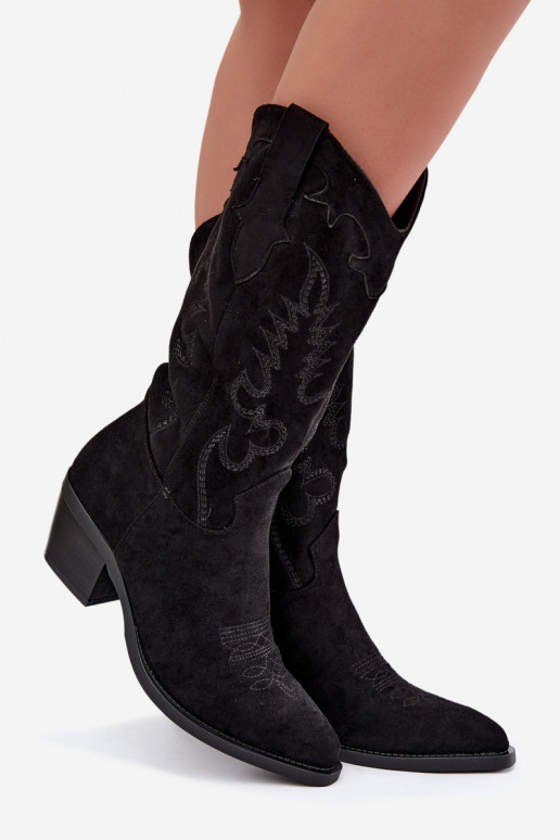 Botas pretas de camurça sintética estilo cowboy com saltos Jarissa