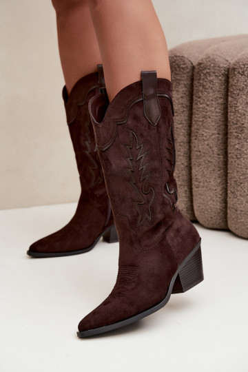 Botas de camurça sintética cor chocolate estilo cowboy com saltos Jarissa