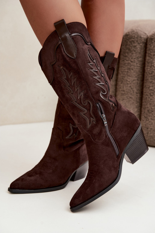 Botas de camurça sintética cor chocolate estilo cowboy com saltos Jarissa
