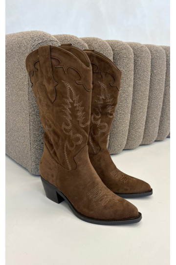 Botas altas de estilo cowboy com saltos em camurça sintética marrom Jarissa