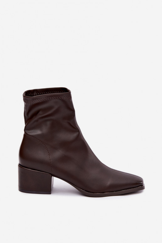 Botins femininos com salto tipo Klocek em couro sintético na cor chocolate Rosley