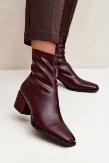 Botas femininas com salto Typu Klocek de couro ecológico Borgonha Rosley 2
