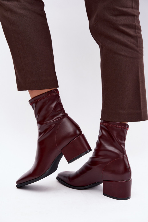Botins femininos com salto tipo Klocek em couro sintético na cor bordô Rosley