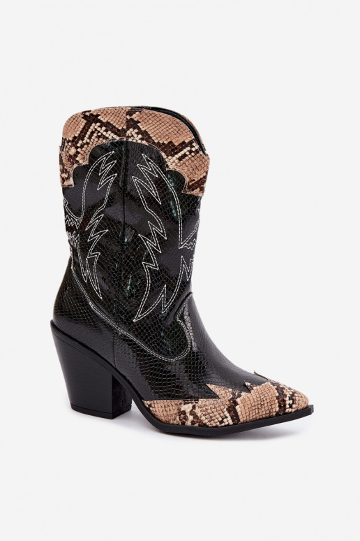 botins de estilo cowboy forrados com detalhe em relevo em preto e castanho Ambery
