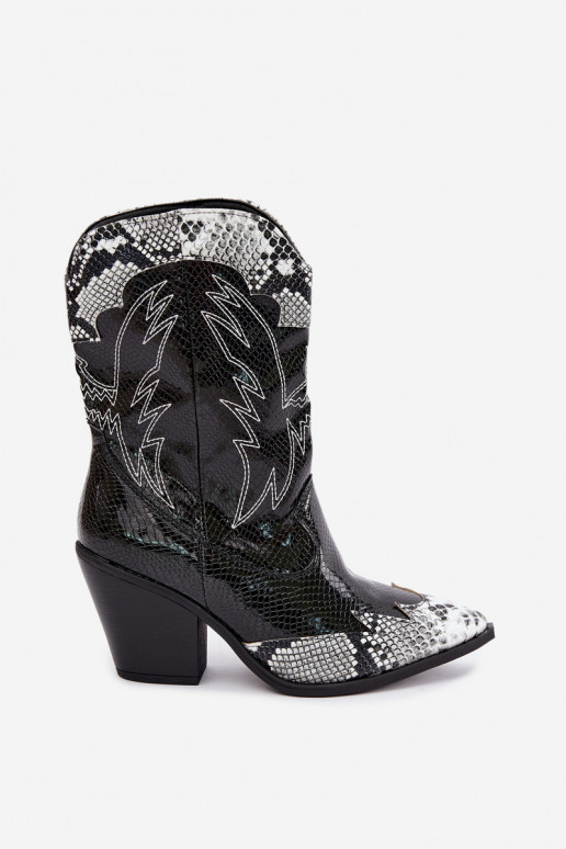 botins de estilo cowboy forrados com detalhe em relevo em preto e branco Ambery