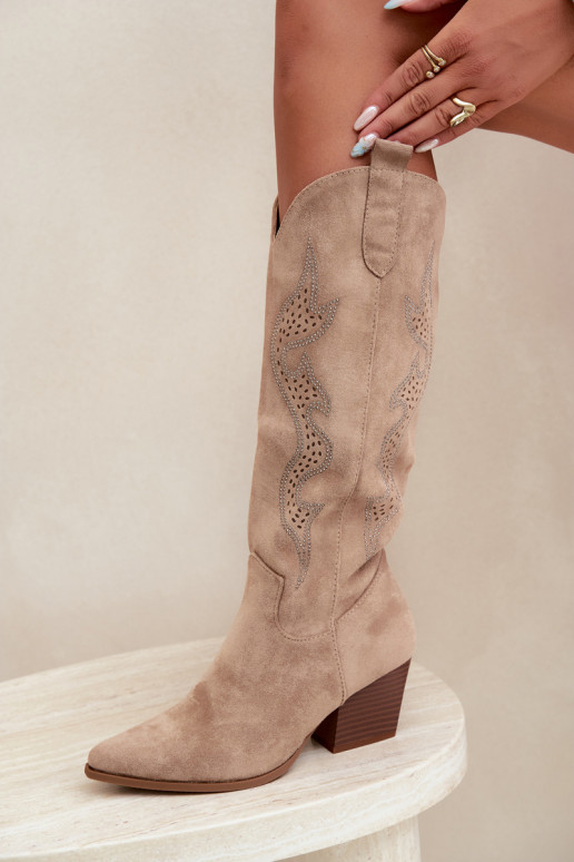 botas de estilo cowboy longas com decoração no cano na cor areia Greyla
