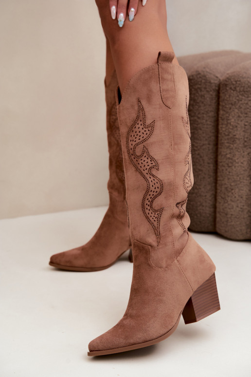 botas de estilo cowboy longas com decoração no cano na cor castanha Greyla