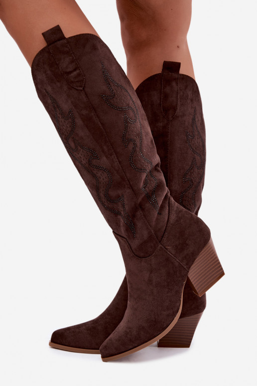 botas de estilo cowboy longas com decoração no cano na cor chocolate Greyla