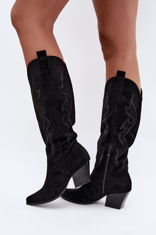 botas de estilo cowboy longas com decoração no cano na cor preta Greyla