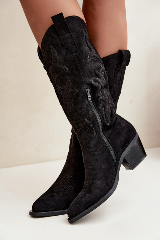 botas de estilo cowboy longas com salto na cor preta INesly