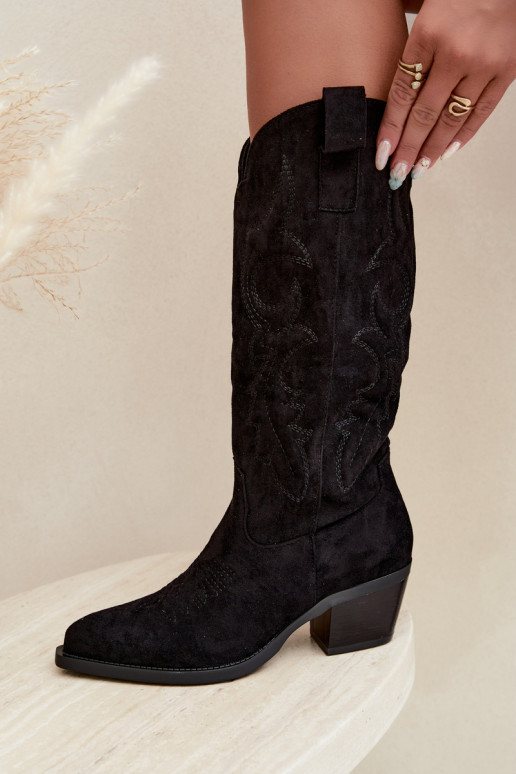 botas de estilo cowboy longas com salto na cor preta INesly