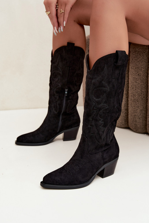 botas de estilo cowboy longas com salto na cor preta INesly