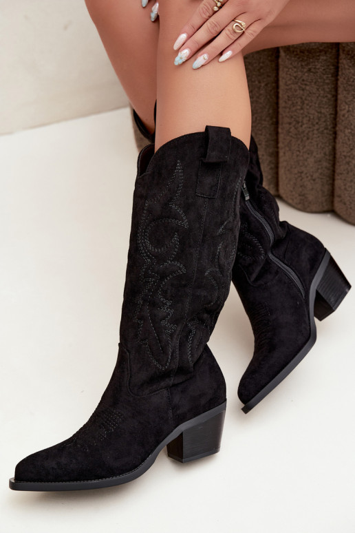 botas de estilo cowboy longas com salto na cor preta INesly