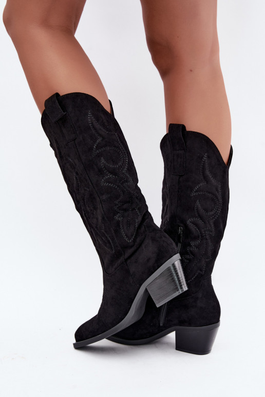 botas de estilo cowboy longas com salto na cor preta INesly