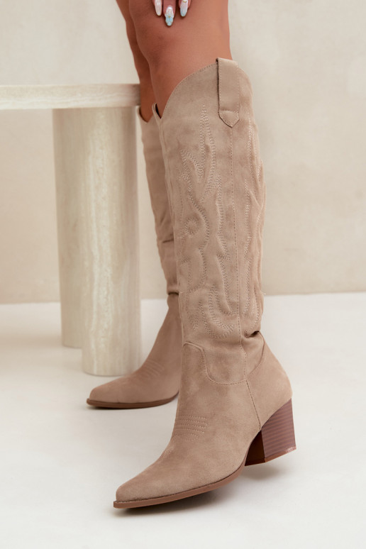 botas estilo vaqueiro Feminino com salto bege Glenor