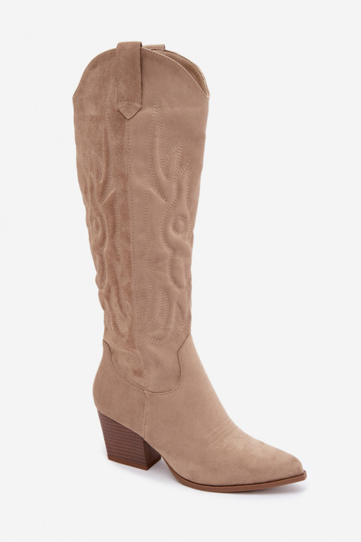 botas estilo vaqueiro Feminino com salto bege Glenor