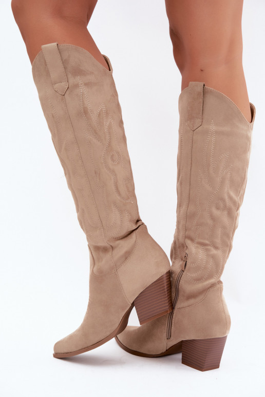 botas estilo vaqueiro Feminino com salto bege Glenor