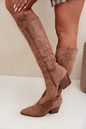 botas estilo vaqueiro Feminino com salto cor marrom Glenor