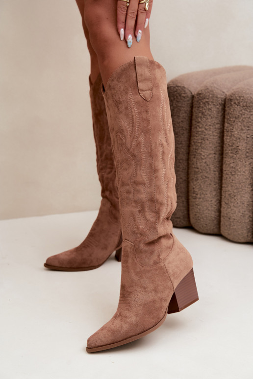 botas estilo vaqueiro Feminino com salto cor marrom Glenor