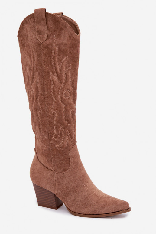 botas estilo vaqueiro Feminino com salto cor marrom Glenor