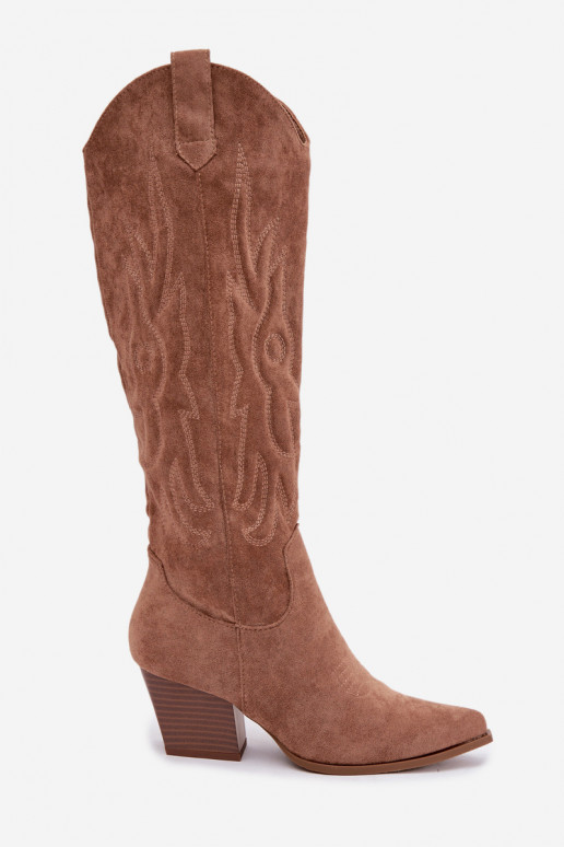 botas altas femininas de estilo cowboy com saltos em cor marrom Glenor