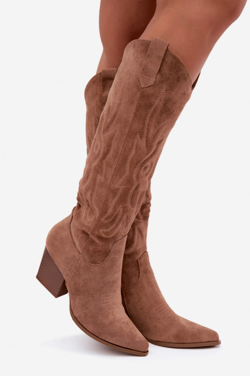 botas estilo vaqueiro Feminino com salto cor marrom Glenor