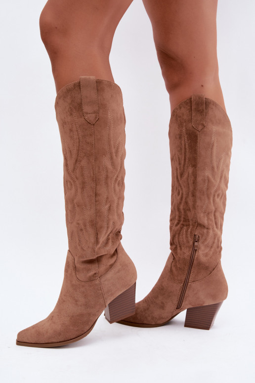 botas estilo vaqueiro Feminino com salto cor marrom Glenor