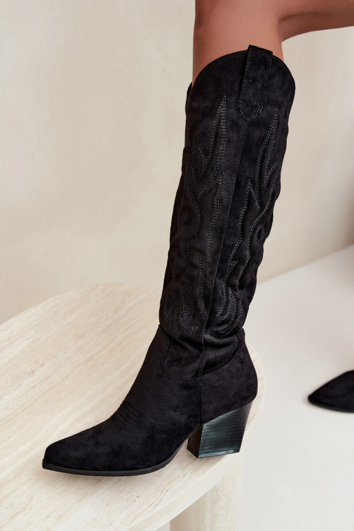 botas estilo vaqueiro Feminino com salto cor preta Glenor