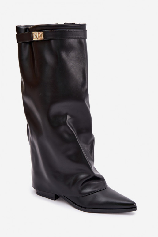 botas altas femininas com cano costurado em salto baixo de couro sintético em preto Gisellea