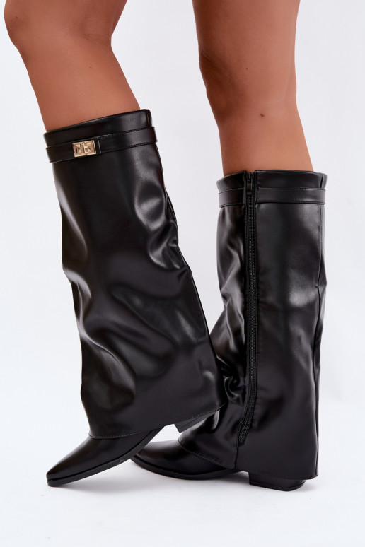 botas altas femininas com cano costurado em salto baixo de couro sintético em preto Gisellea