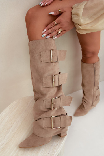 botas femininas com saltoEMyParainiętą CholeParaką I cor douradami com fivelasmi de camurça ecológicaoParae cor cáqui Isavelle 2