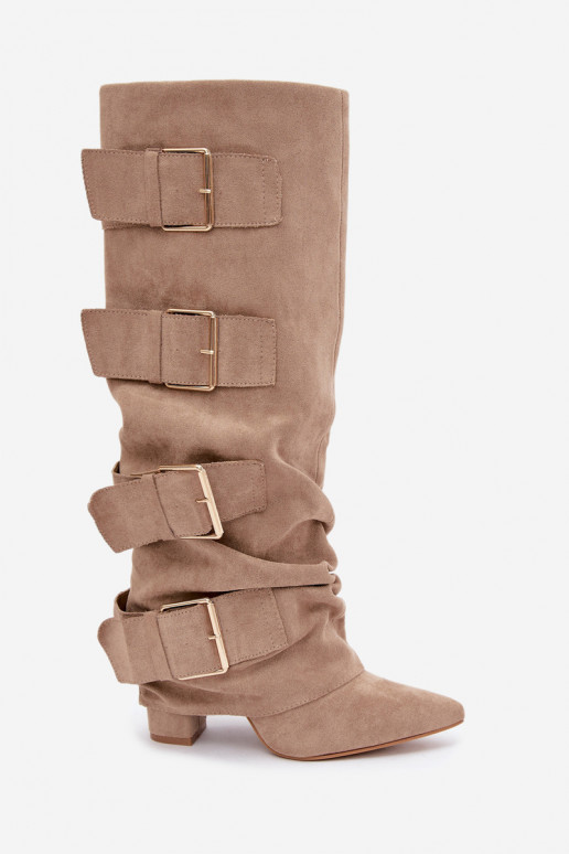 botas femininas com saltoEMyParainiętą CholeParaką I cor douradami com fivelasmi de camurça ecológicaoParae cor cáqui Isavelle
