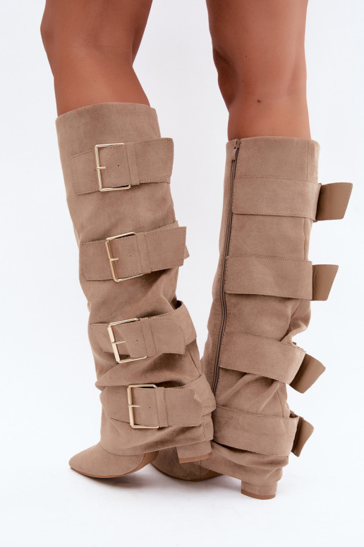 botas femininas com saltoEMyParainiętą CholeParaką I cor douradami com fivelasmi de camurça ecológicaoParae cor cáqui Isavelle