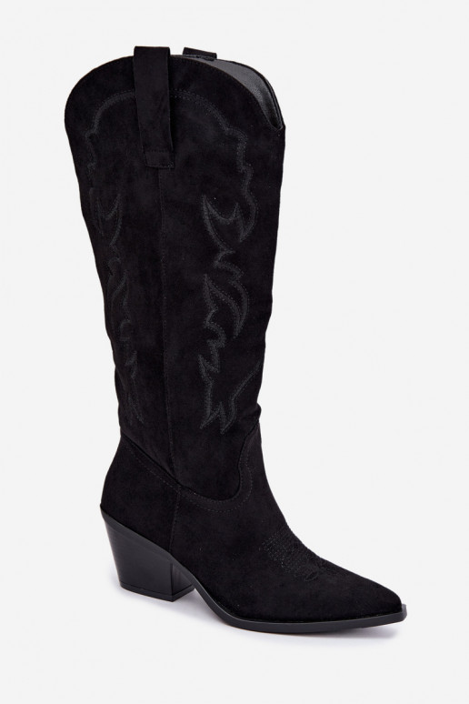 botas femininas estilo vaqueirode camurça ecológicau com salto cor preta Merise