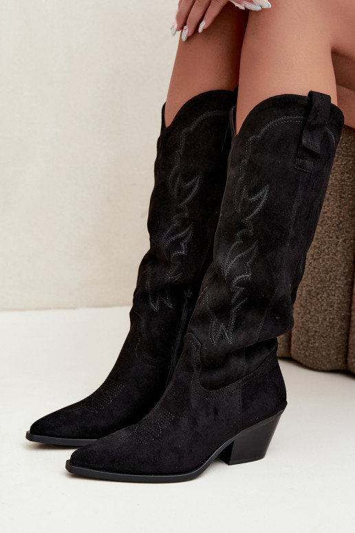 botas femininas estilo vaqueirode camurça ecológicau com salto cor preta Merise