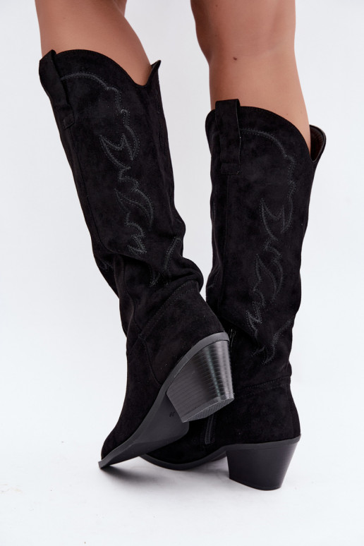 botas femininas estilo vaqueirode camurça ecológicau com salto cor preta Merise