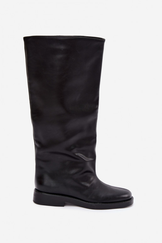 botas altas femininas com saltos largos e bordado decorativo em preto Gresa