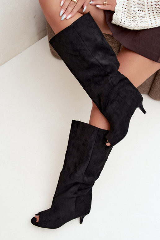 botas altas com cano alto e dedos abertos com salto em preto Henya
