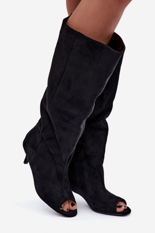botas altas com cano alto e dedos abertos com salto em preto Henya