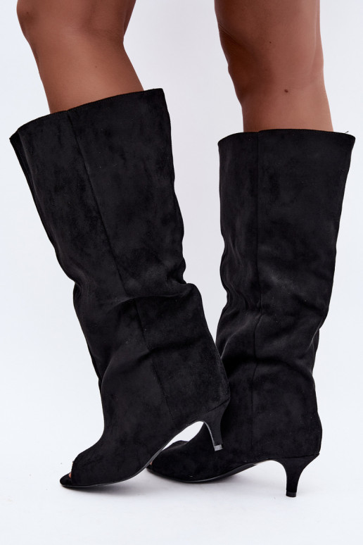 botas altas com cano alto e dedos abertos com salto em preto Henya