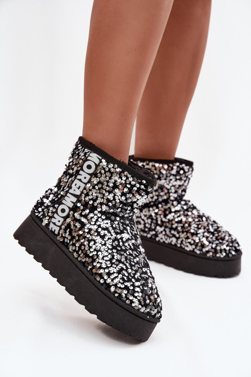 botas de neve femininas com plataforma, decoradas com lantejoulas em preto e prata