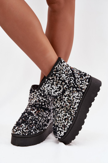botas de neve femininas com plataforma, decoradas com lantejoulas em preto e prata 2
