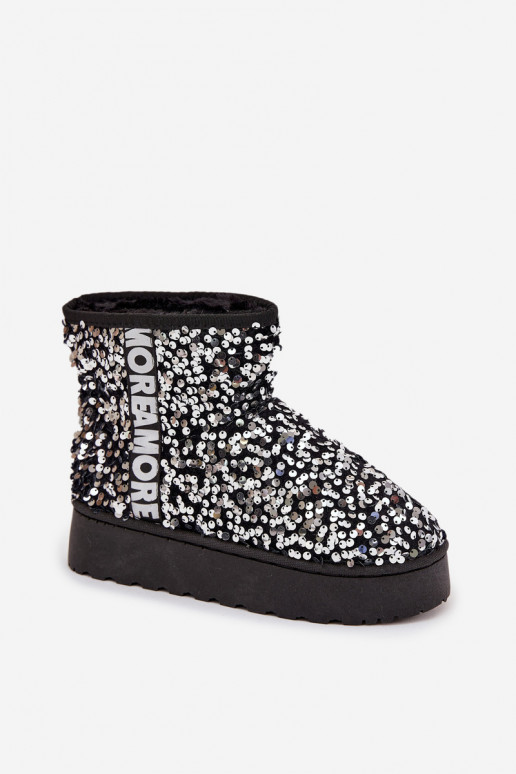 botas de neve femininas com plataforma, decoradas com lantejoulas em preto e prata