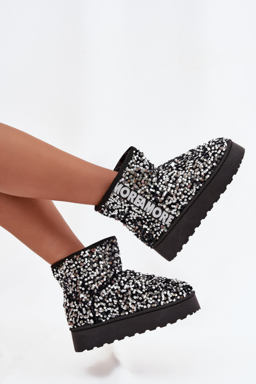 botas de neve femininas com plataforma, decoradas com lantejoulas em preto e prata