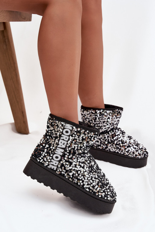 botas de neve femininas com plataforma, decoradas com lantejoulas em preto e prata