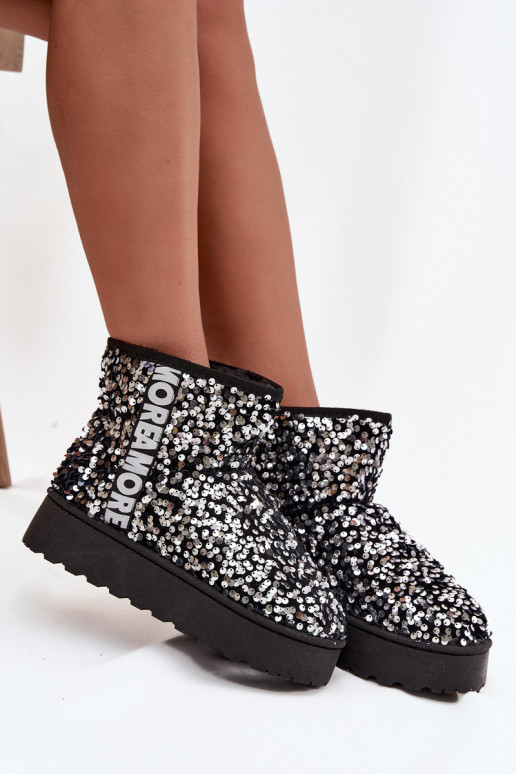 botas de neve femininas com plataforma, decoradas com lantejoulas em preto e prata