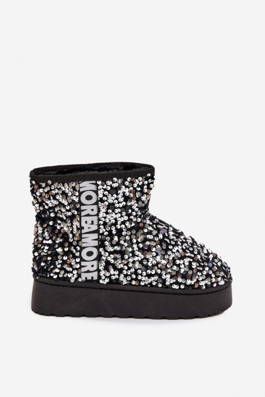 botas de neve femininas com plataforma, decoradas com lantejoulas em preto e prata