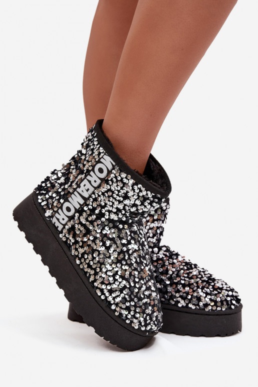 botas de neve femininas com plataforma, decoradas com lantejoulas em preto e prata
