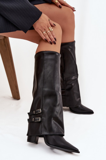 botas altas femininas com saltos e fivelas Jessae em preto