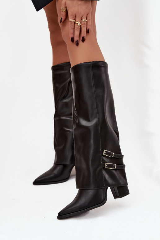 botas altas femininas com saltos e fivelas Jessae em preto
